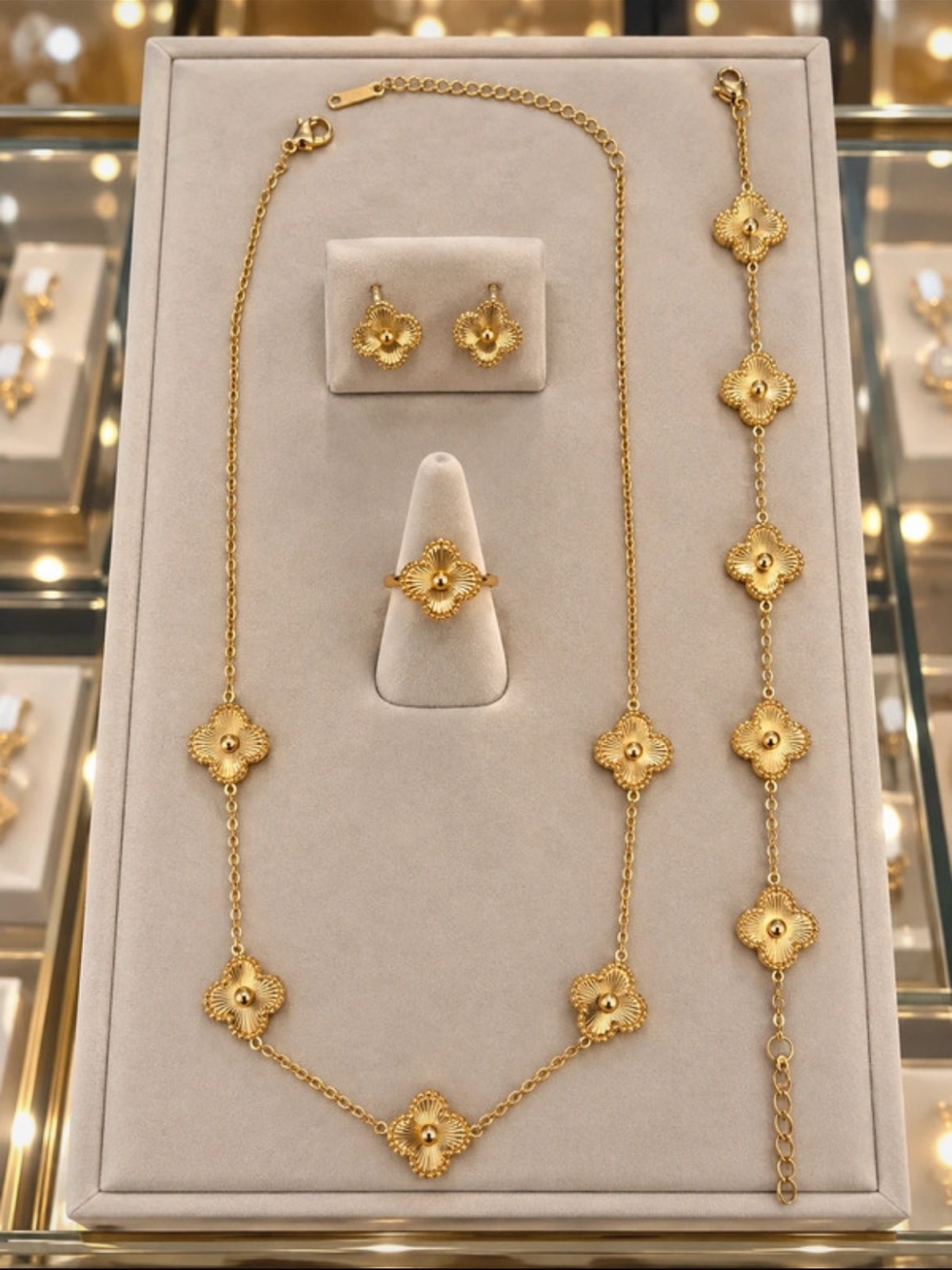 Gold Floral Motif Necklace, Bracelet, Ring & Earrings Set